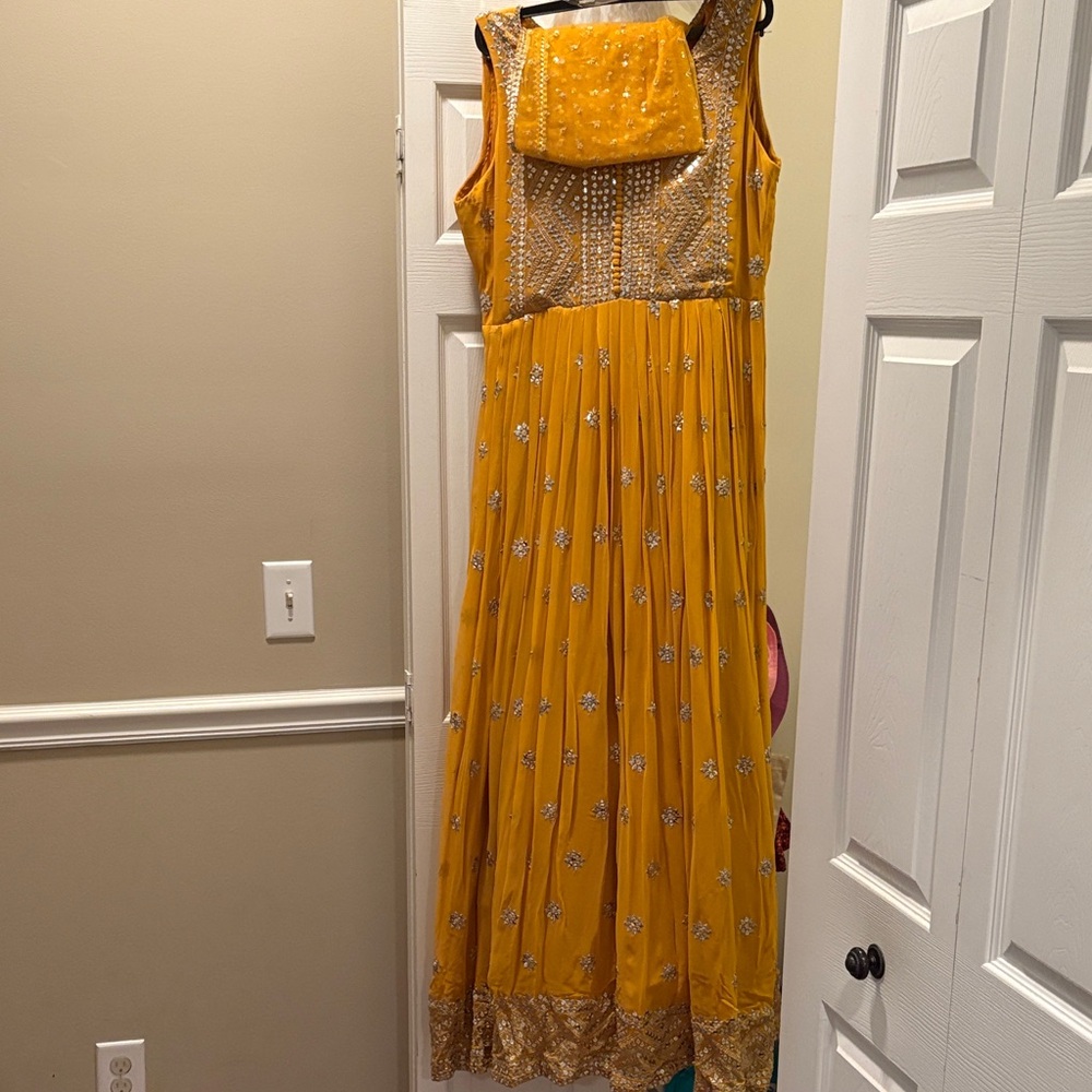 Embellished Mustard Yellow Women’s Sleeveless Anarkali Dress